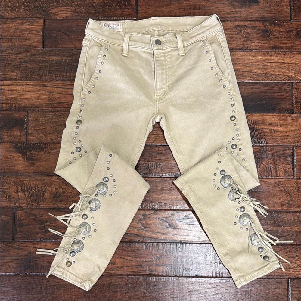 Ralph Lauren Beige Skinny Jeans with Stud & Fringe Detail